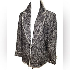80s NAVY & WHITE SALT & PEPPER TWEED RELAXED FIT JACKET RAW FRINGE EDGE SZ 14